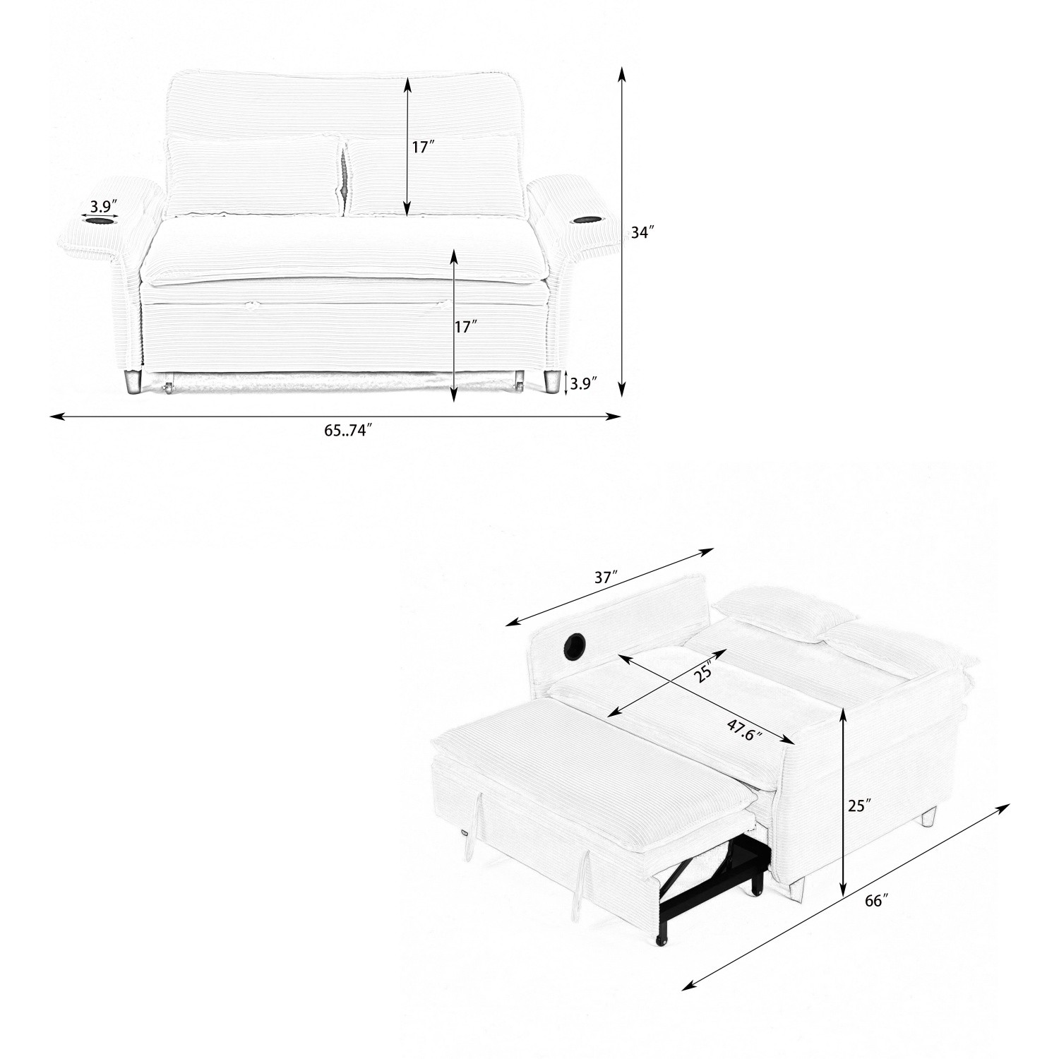 Convertible Sleeper Sofa Bed Loveseat Sofa w/ Pull-Out Bed & Adjustable Armrests