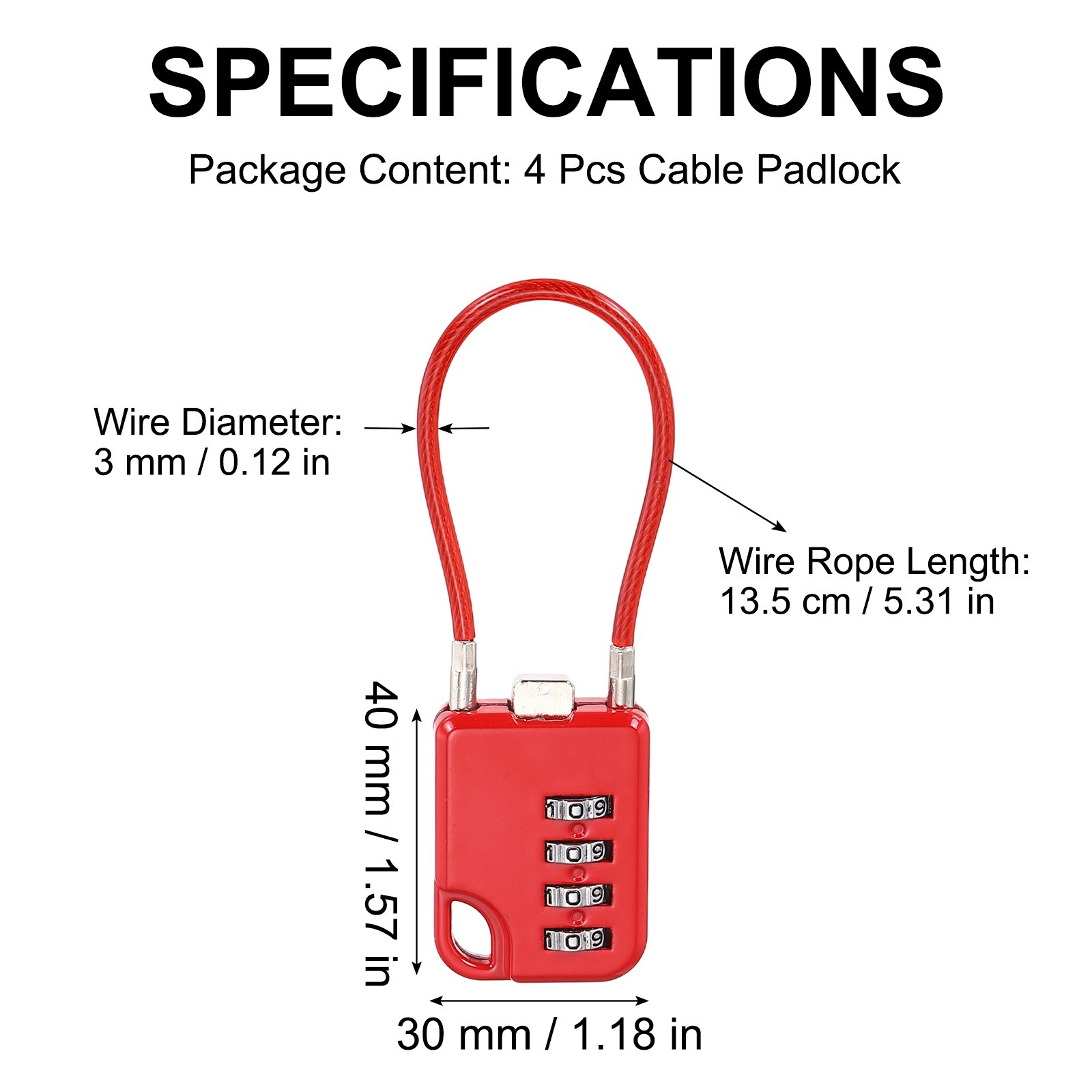 4Pcs Combination Cable Padlock with 5.3" (13.5cm) Flexible Cable, Red