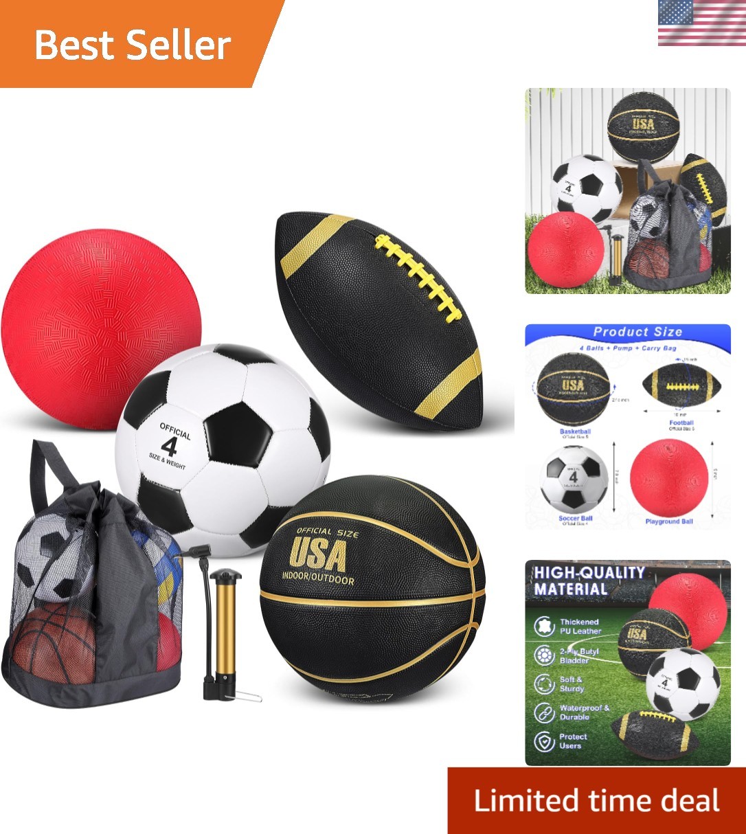 Official Size Kids Sports Balls with Pump & Bag: Basketball, Soccer & Football