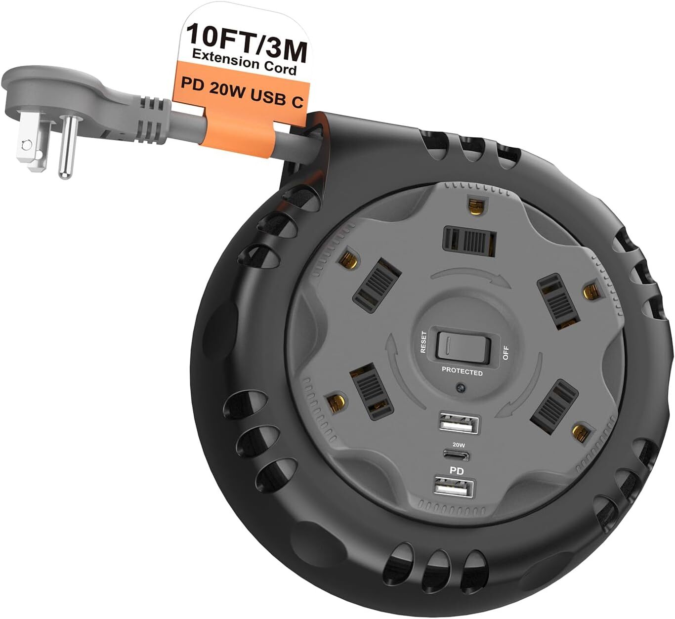 Retractable Power Strip Extension Cord Reel with USB C PD 20W, Flat Plug Grey