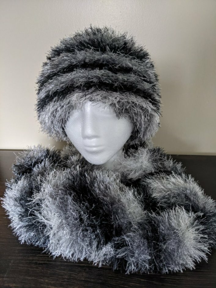 Handmade knitted hat and scarf women's black gray white super soft