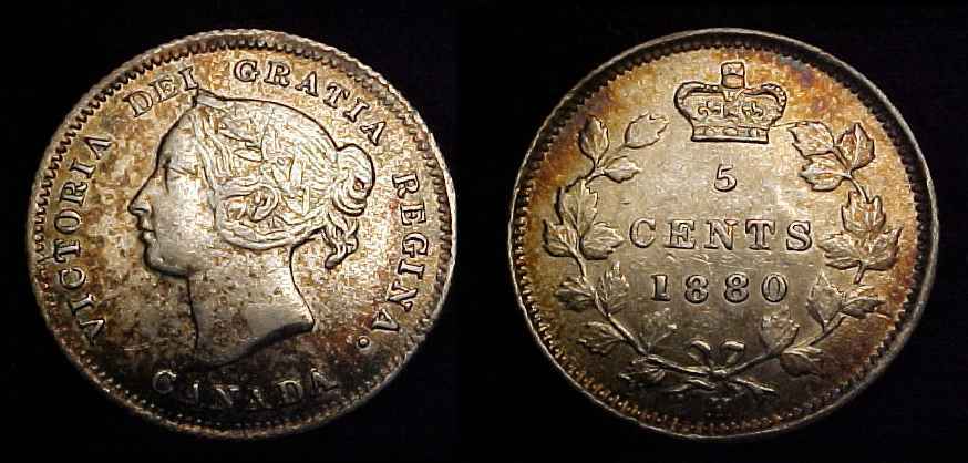 CANADA 1880 H Silver Five Cents AU *Toned*