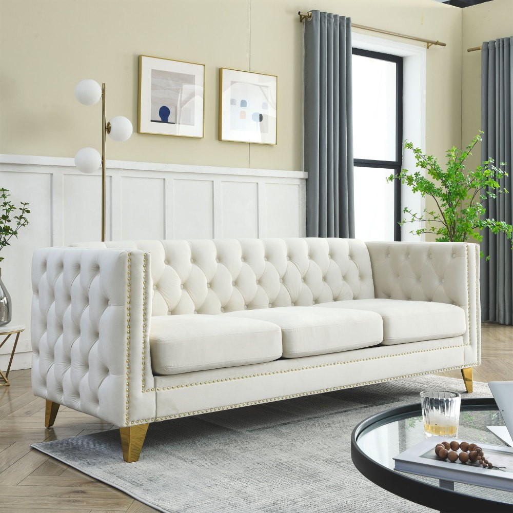 Velvet Sofa 3-Seater Tufted Chesterfield w/ Metal Legs Beige