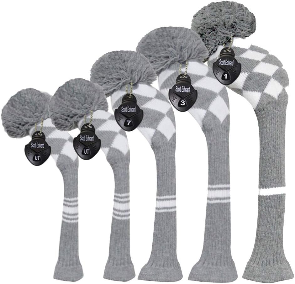 Scott Edward Knit Golf Club Cover with a Pom Set of 5 Head Covers Protect Dri...