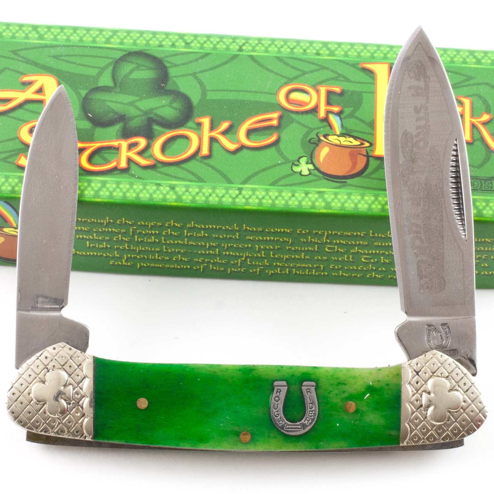 Rough Rider Green Stroke of Luck Canoe Pocket Knife RR1062 Smooth Bone Handles