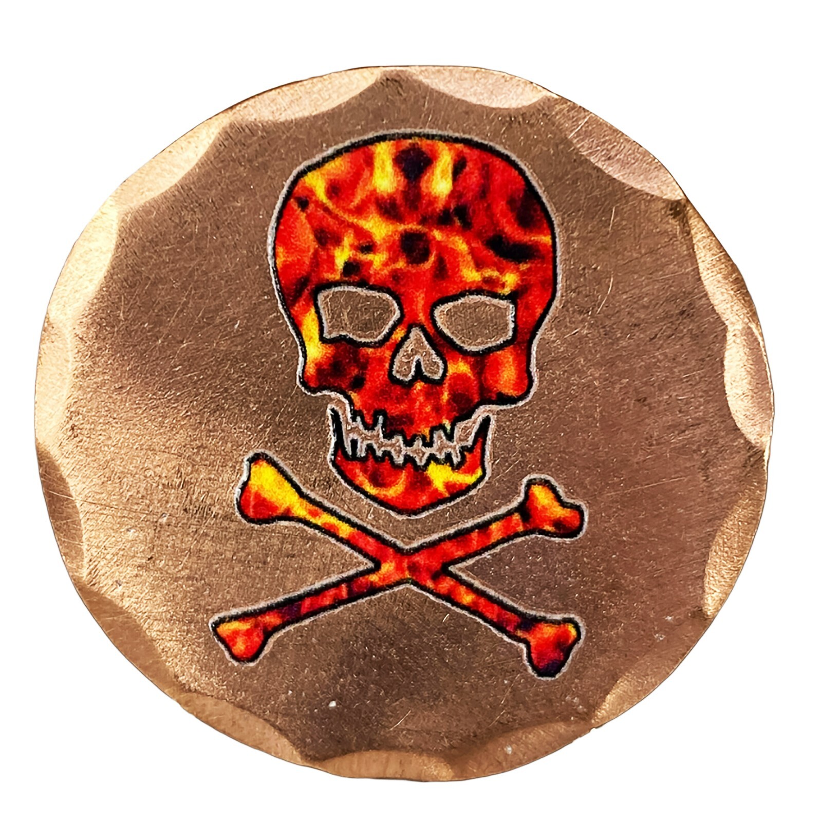 Skull and Crossbones Flames Forged Copper Golf Ball Marker by Sunfish