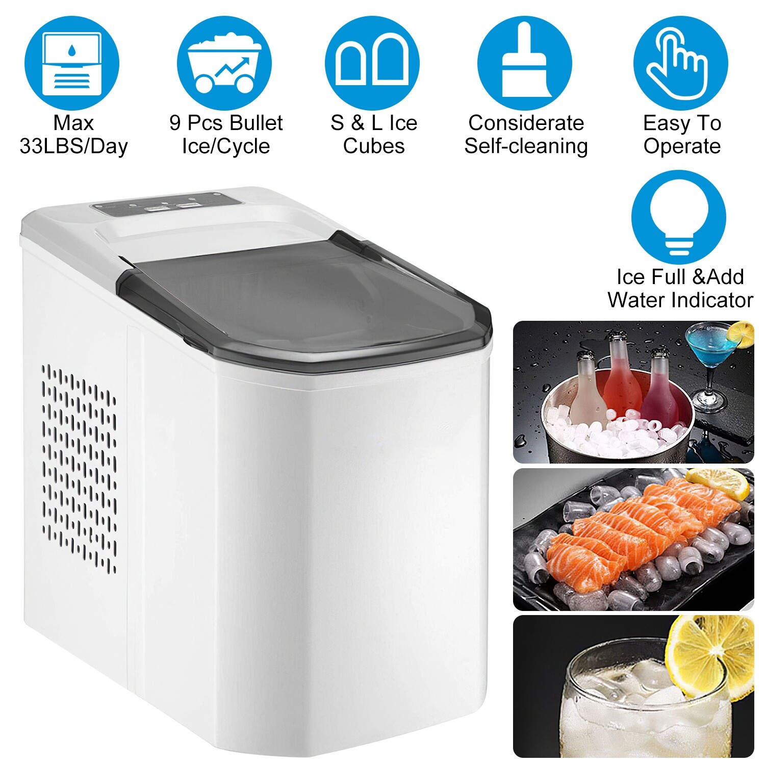 Countertop Ice Maker Machine 33Lbs/24H Self-cleaning with Ice Scoop and Basket