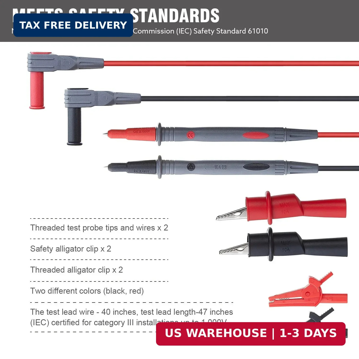 Multimeter Lead Set with Threaded Safety Clips - CAT III Certified