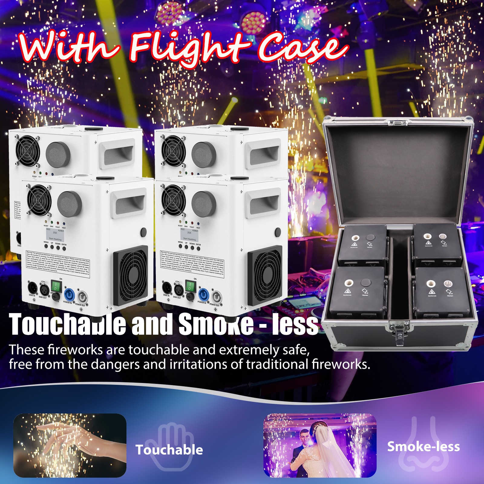 4PCS Large Stage Fireworks Machine 1200W DMX Cold Spark Machine Party 6.6-9.8ft