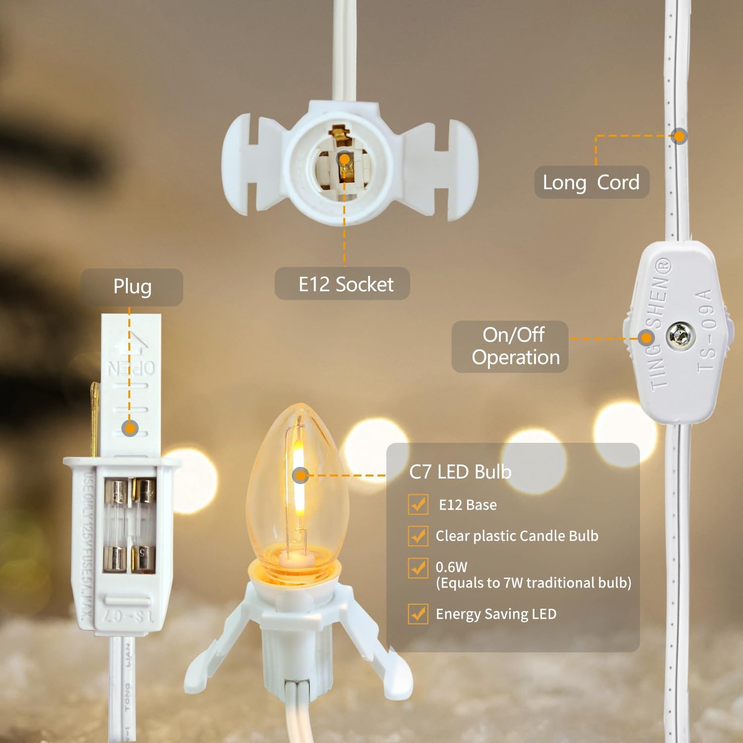 2 Pack Accessory Cord with 2 C7 Led Light Bulb Candelabra-Base E12 2-pack
