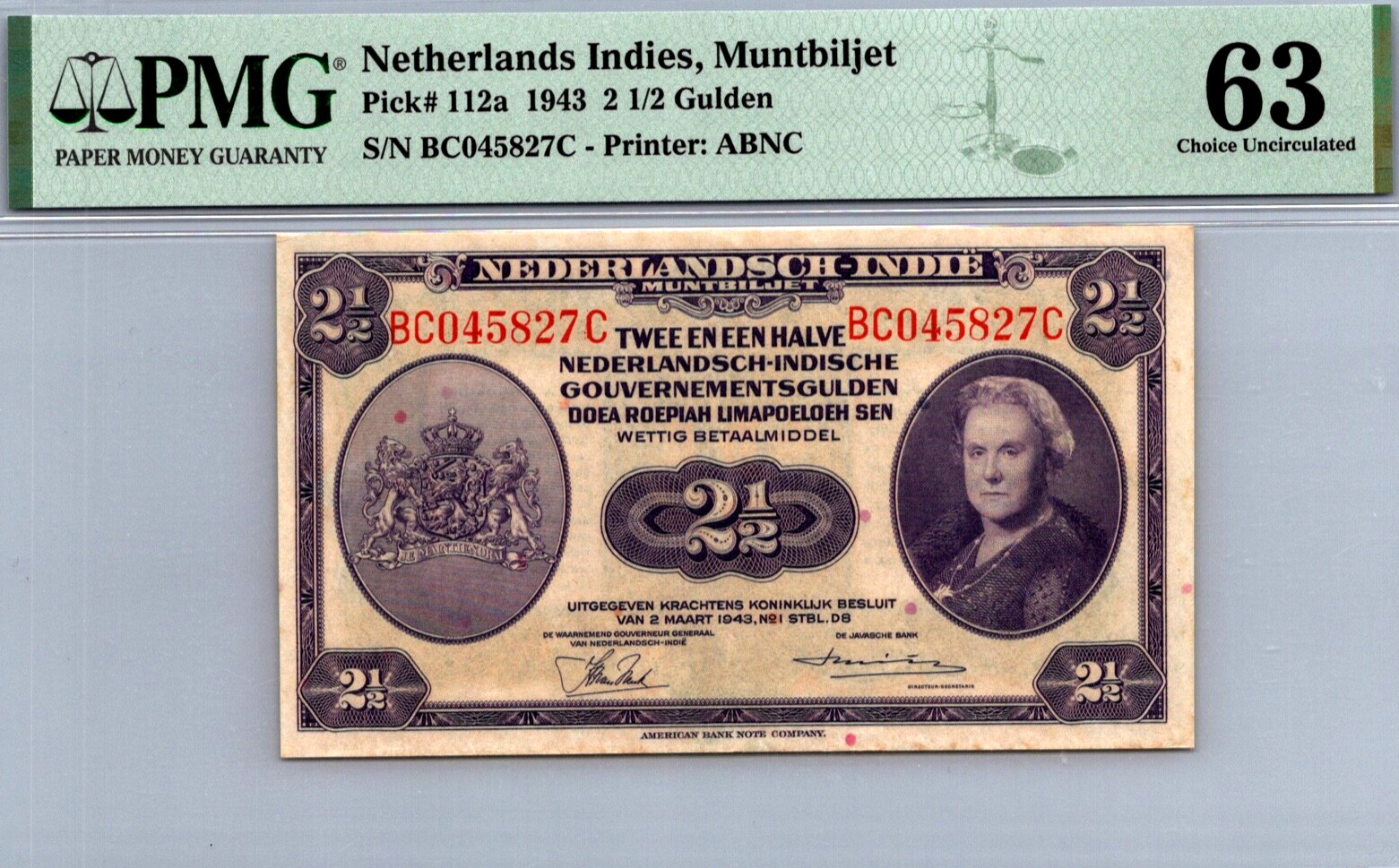Netherlands Indies 2 1/2 Gulden 1943 PMG 63 CHOICE UNC Pick # 112a