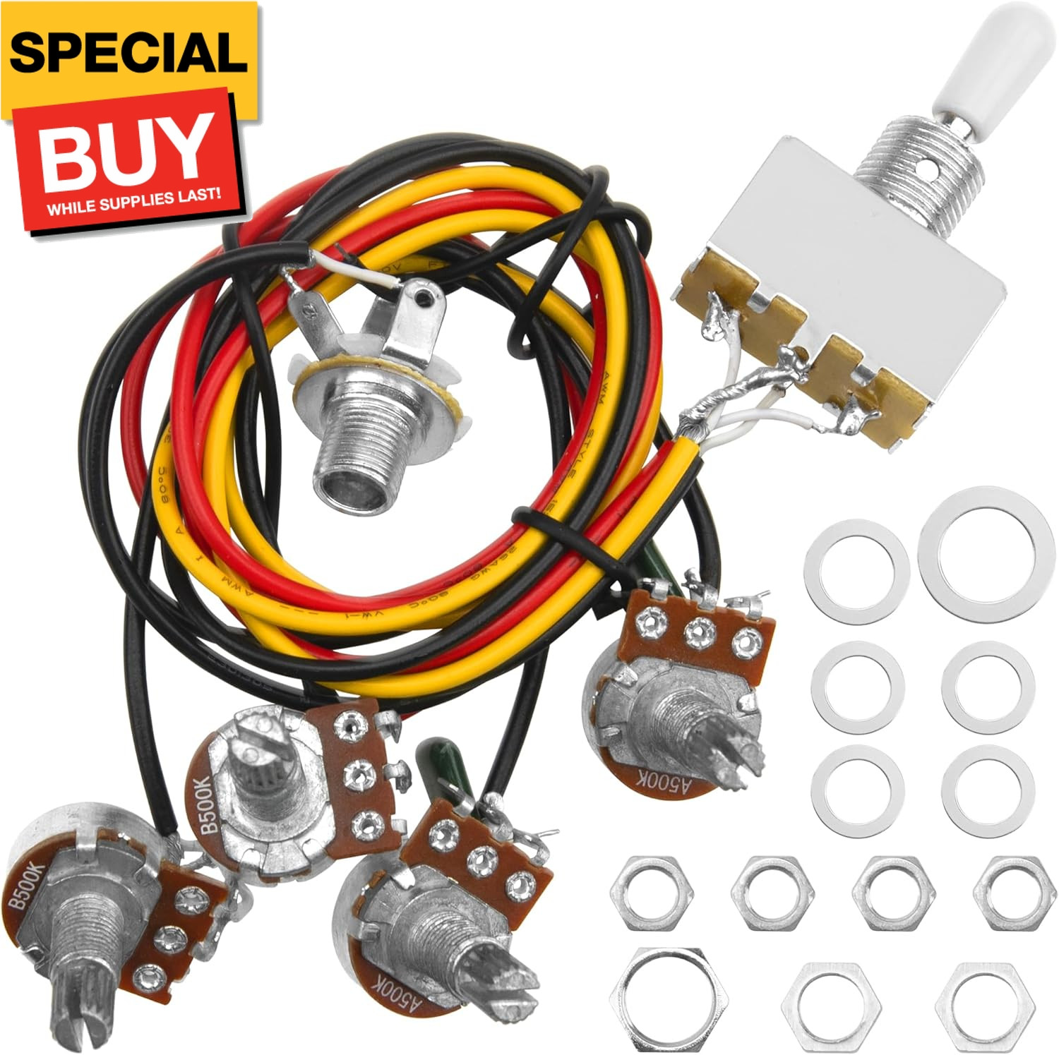 1Pcs  Electric Guitar Wiring Harness Kit 2V2T, 2 Volume 2 Tone Prewired 500K Pot