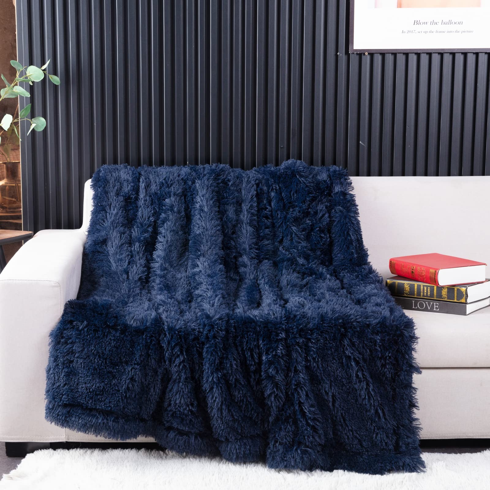 50x60 Inch Navy Blue Long Faux Fur Throw Blanket 2 Layers 2.1 Lb Home Decor