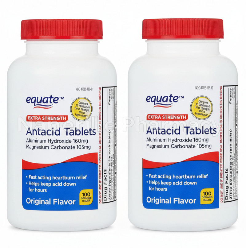 2 Pack Equate Extra Strength Antacid Upset Stomach, Original Flavor 100 Each