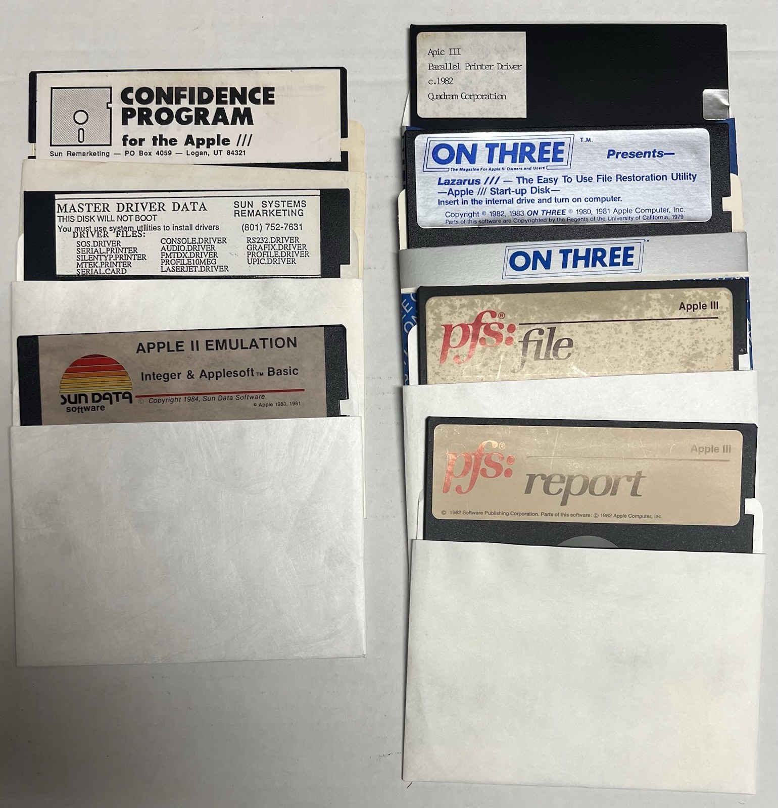 Vintage Apple III Software Lot – On Three, PFS, Sun & Quadram, 8 Disks (1981-84)