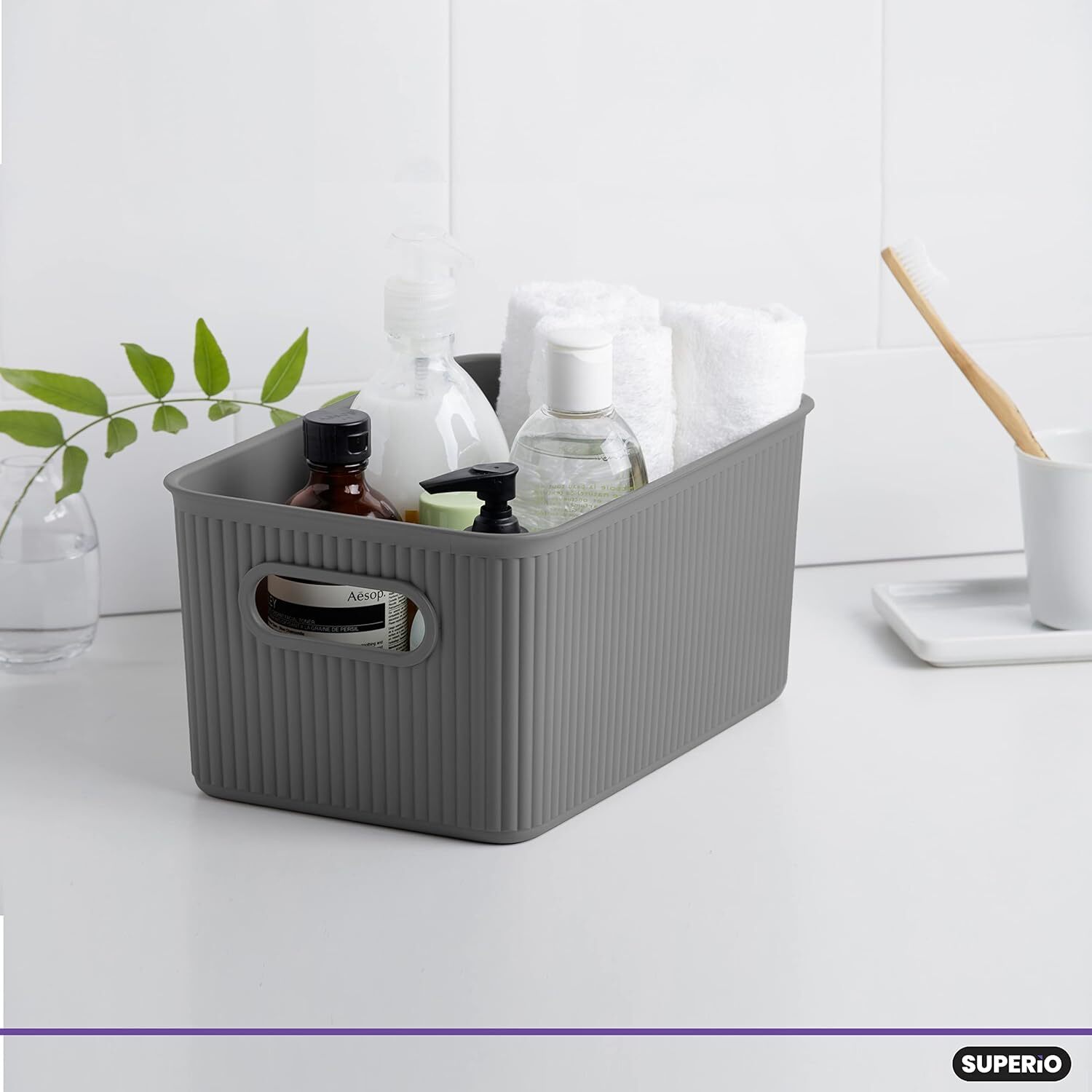 Superio 5L Small Ribbed Storage Bin- Plastic Storage Bin (2 Pack, Grey)
