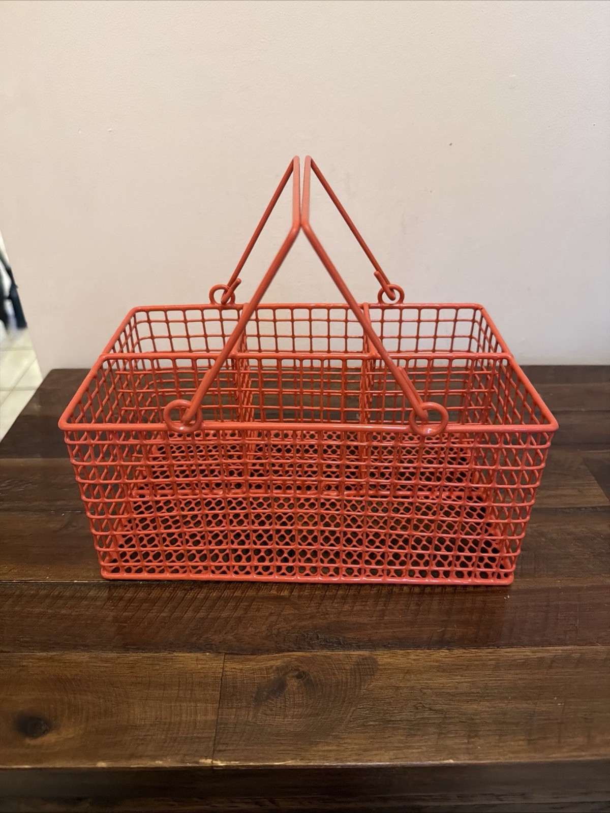 Red Metal Wire Market Basket Picnic Style Farmhouse Cottage Decor Utensil Caddy