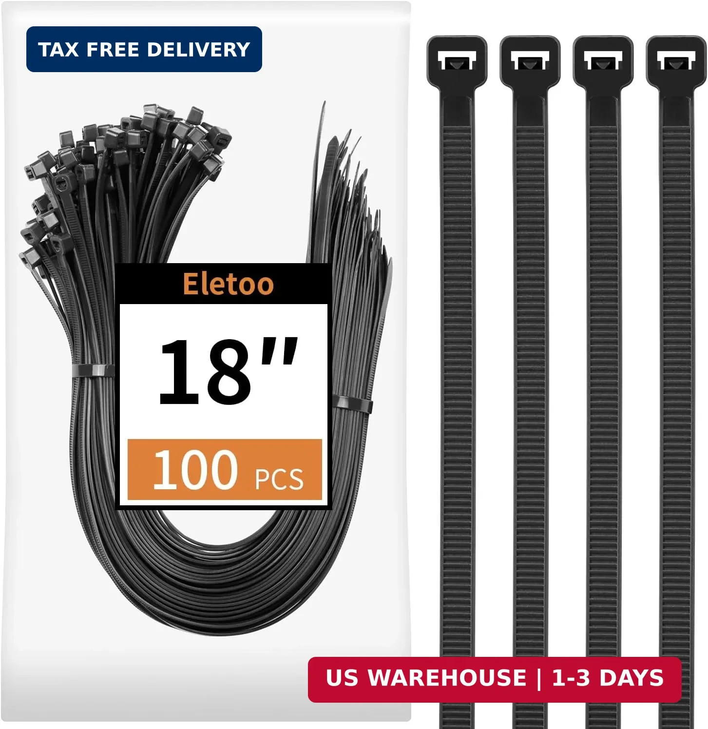 100PCS 18 inch Black Zip Ties Heavy Duty, 75LBS Tensile Strength, Self-Locking H
