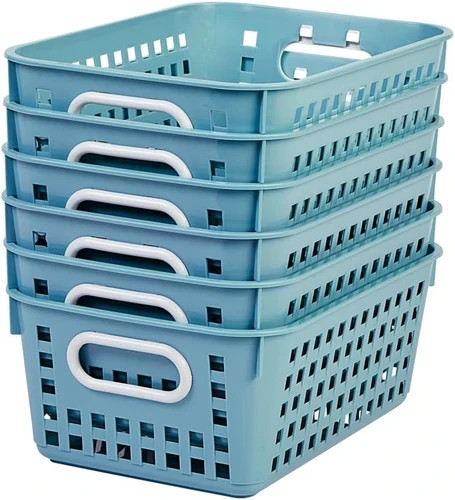 Medium Plastic Book Baskets, 11" X 7.5" X 4.5", 6 Pack, Water, Versatile Storage
