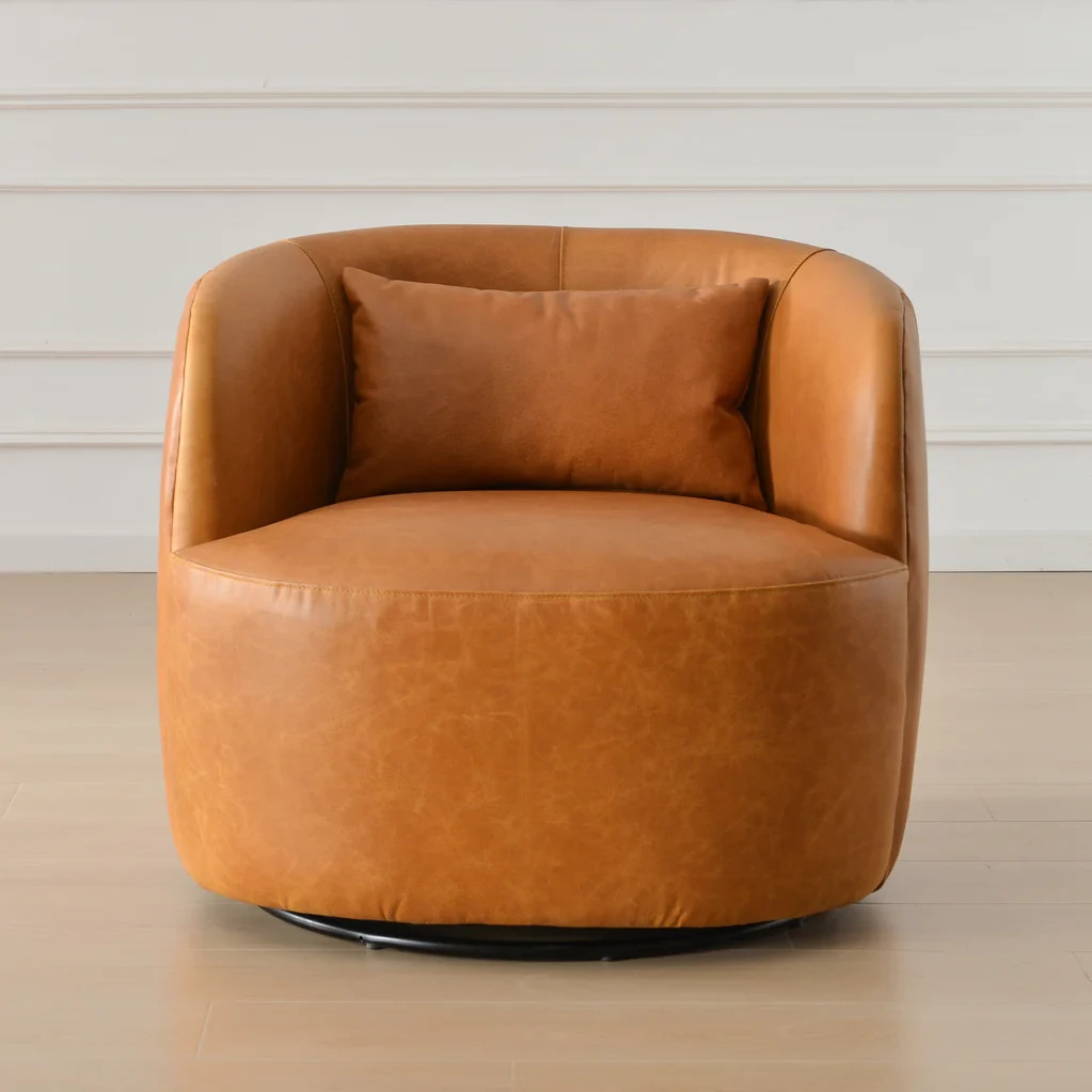 Open Box -34" Wide Genuine Leather Swivel Barrel Chair (Retail price $749)