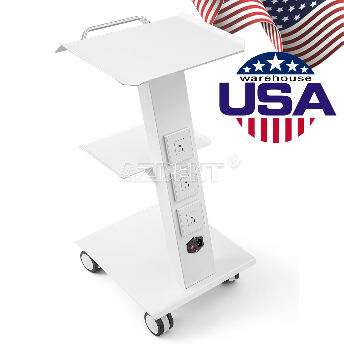 AZDENT Dental Lab Instrument Mobile Steel Medical Cart With Plug Three Layers