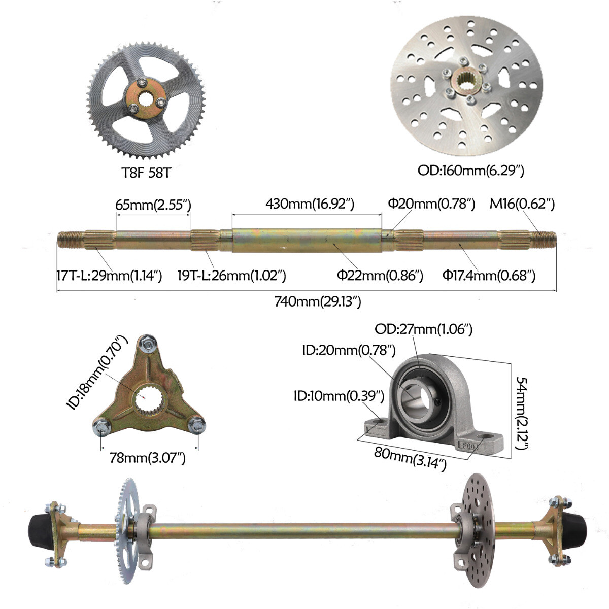 29" Go Kart Rear Axle Kit 145/70-6" Wheels Steering ATV Quad Buggy DIY Rebuild