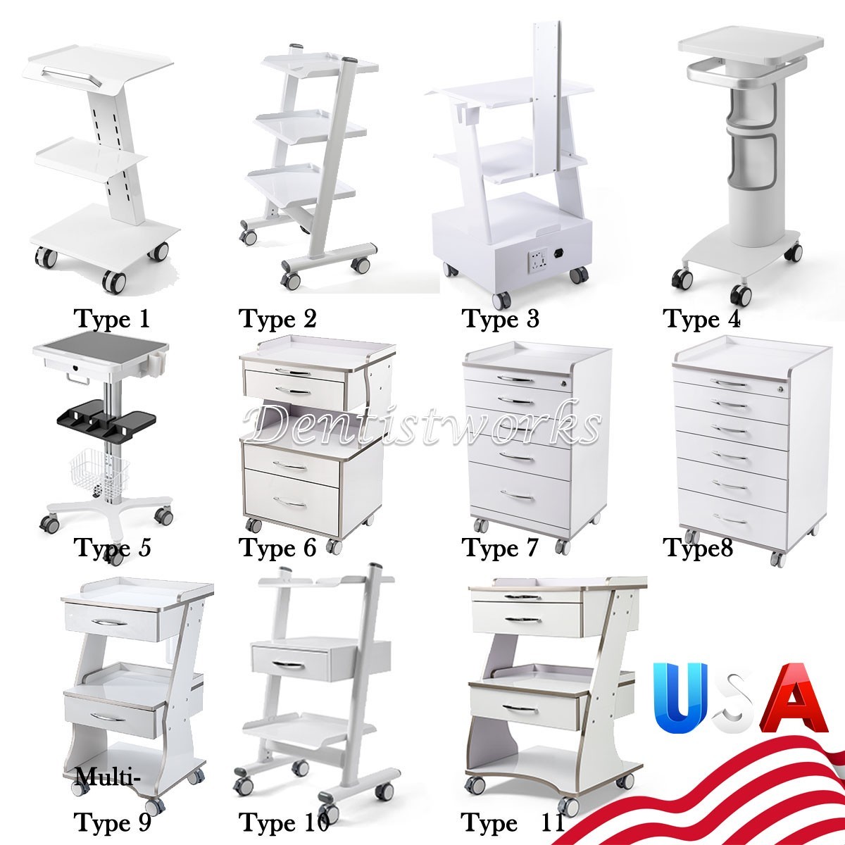 Dental Medical Cart Mobile Storage Cabinet Mouth Sweeping Trolley Cart w/Drawers
