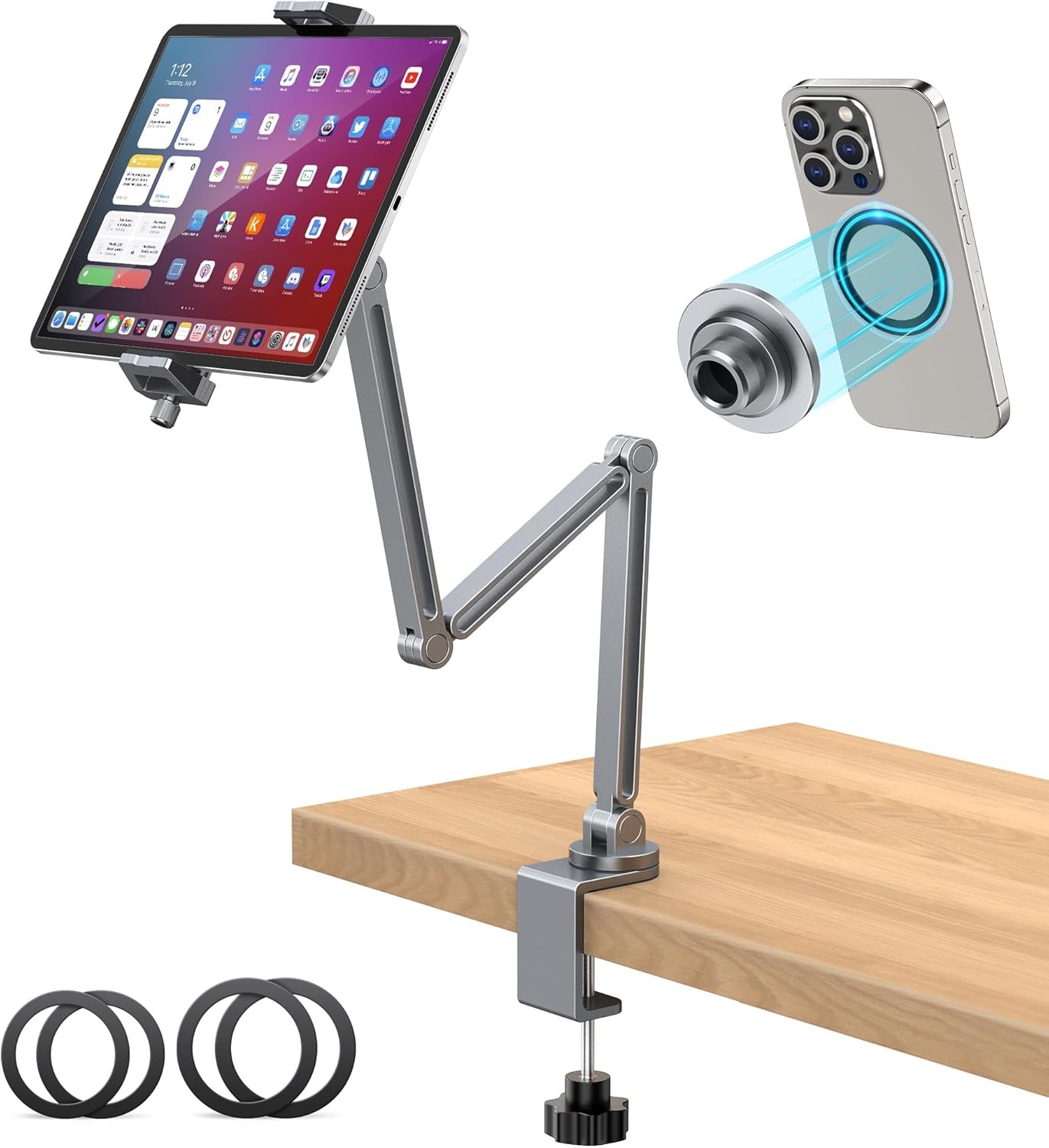 Adjustable 2-in-1 Aluminum iPad Stand with Clamp and Arm for Desk Use
