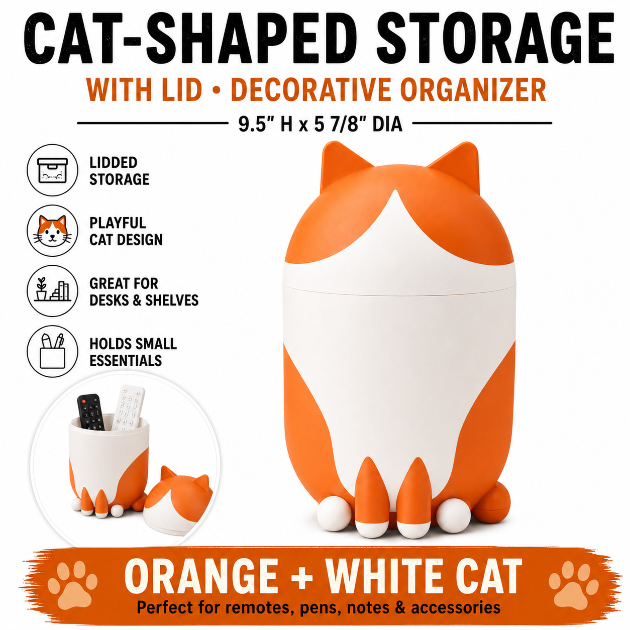IKEA GREJSIMOJS Cat-Shaped Storage Box Lid Orange/White 106.036.46 NEW