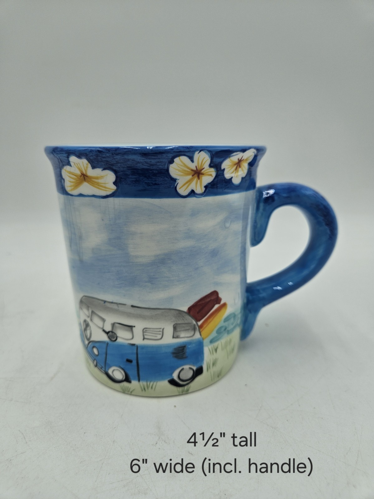 Hausenware Beach Volkswagen Van Palm Trees 4½" Tall XL Ceramic Mug Blue Hippie