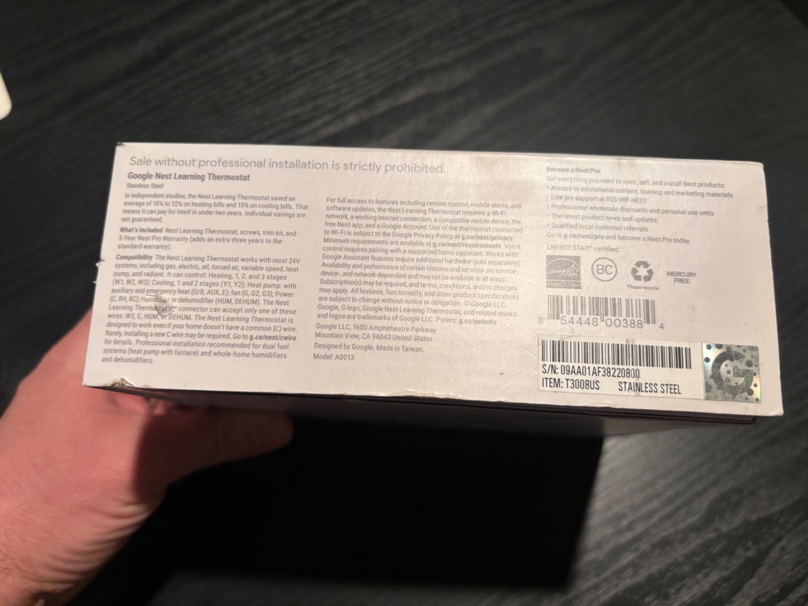Nest 3rd GEN Learning Thermostat (with box)