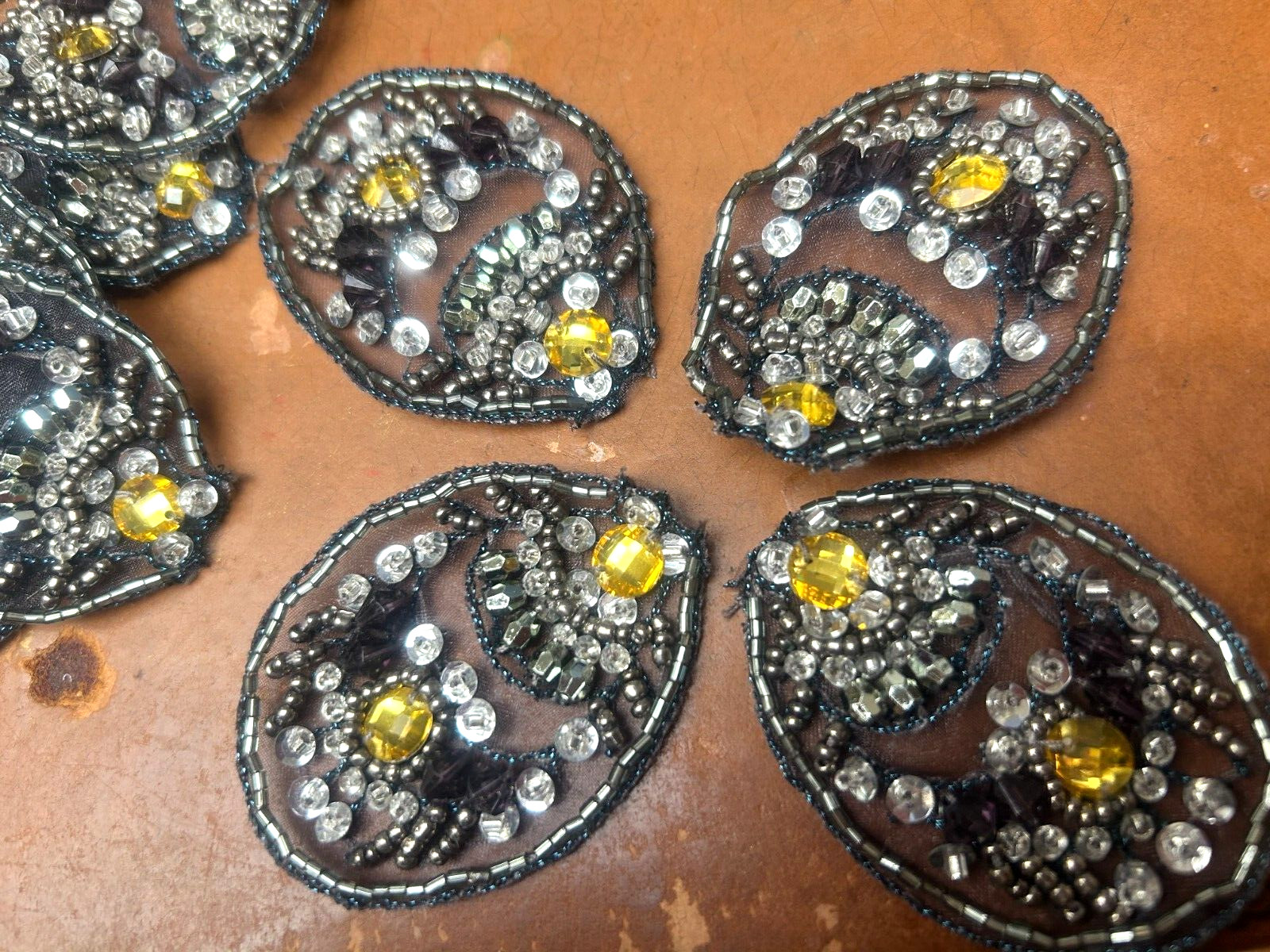 applique beaded oval 1.5x2.25" sequins  hand sewn 1pc