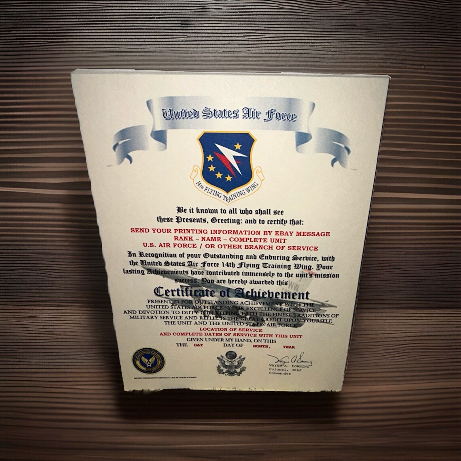 U.S.A.F. / AIR FORCE 14TH FLYING TRAINING WING (CBT)- CERTIFICATE OF ACHIEVEMENT