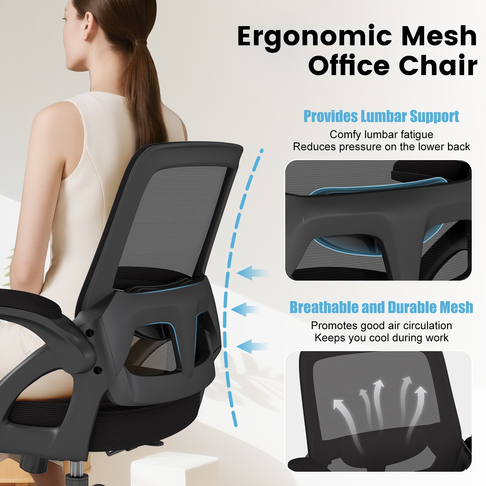 450LB Big Ergonomic Mesh Chair Mid Back with Lumbar Support Swivel Task Chairs