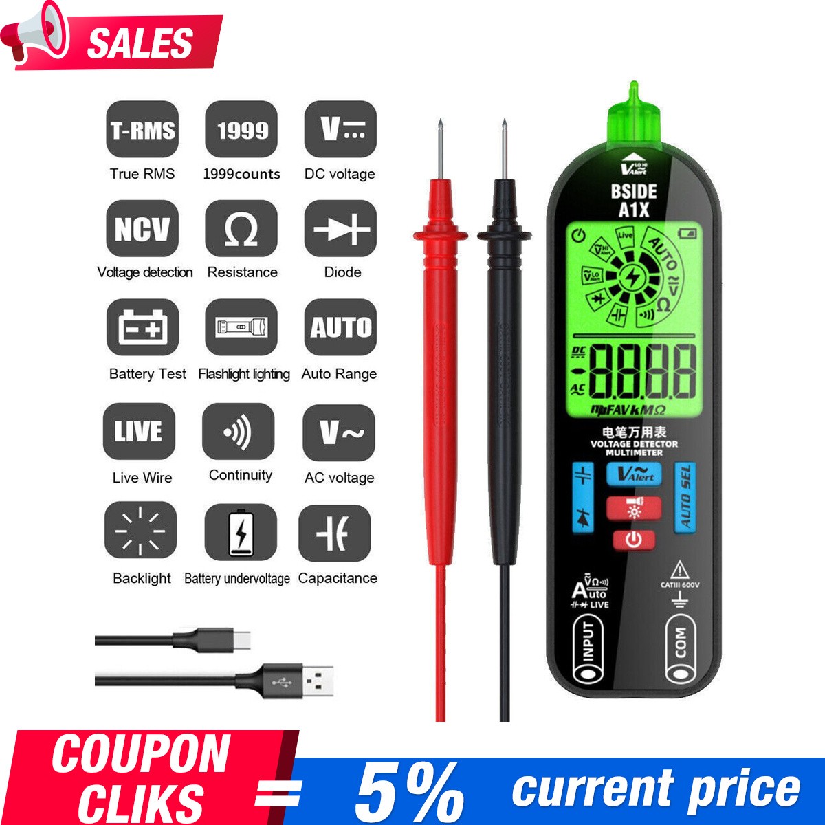 Mini LCD Digital Multimeter Smart Auto Ranging Rechargeable DC/AC Voltage w/ Bag