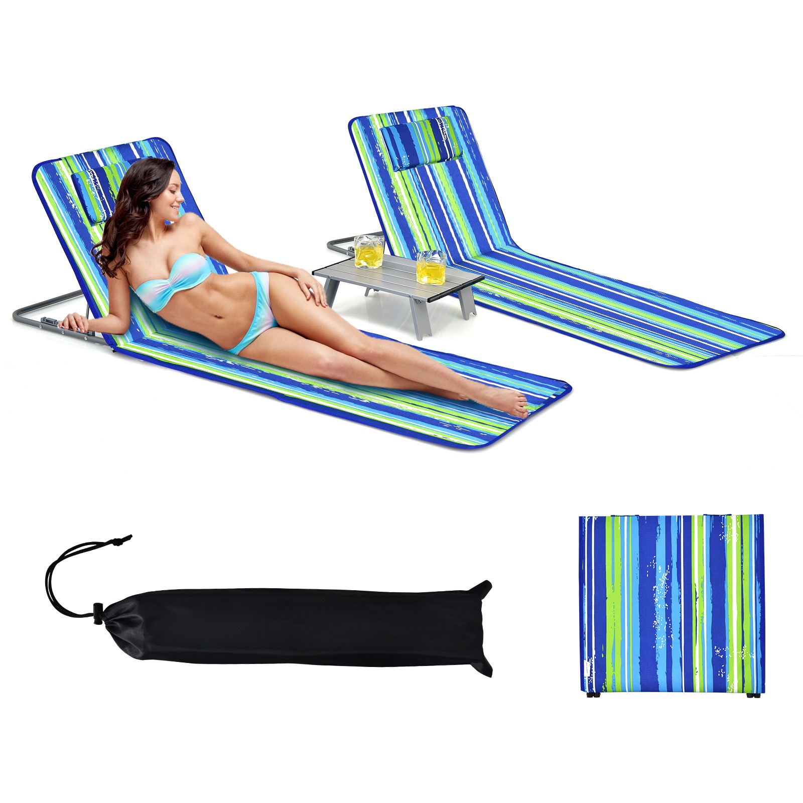 3PCS Beach Lounge Chair Mat Set 2 Adjustable Lounge Chairs w/Table Stripe