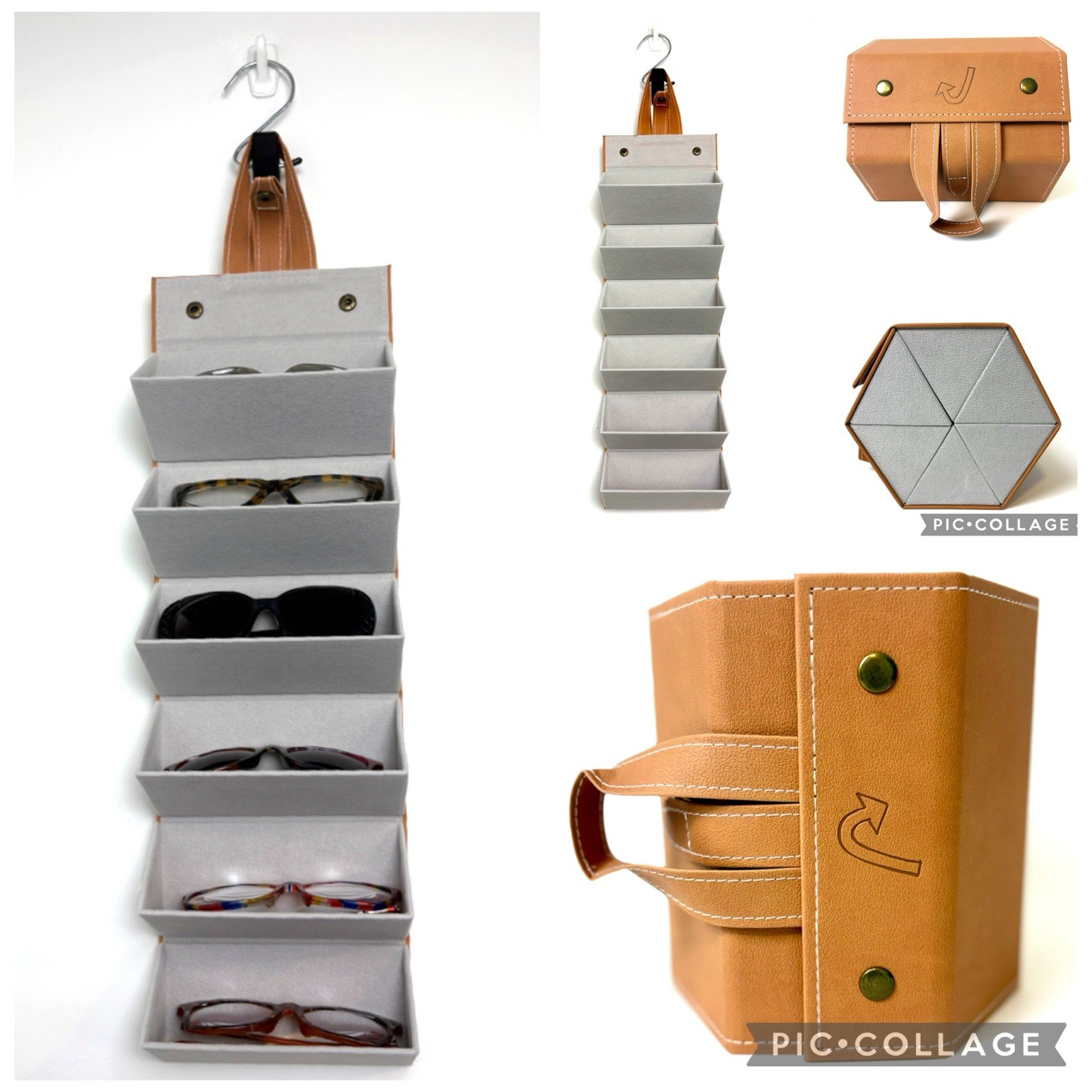 Eyeglass/Sunglass 6-Slot Camel Premium Leather Travel Organizer. Brand New!