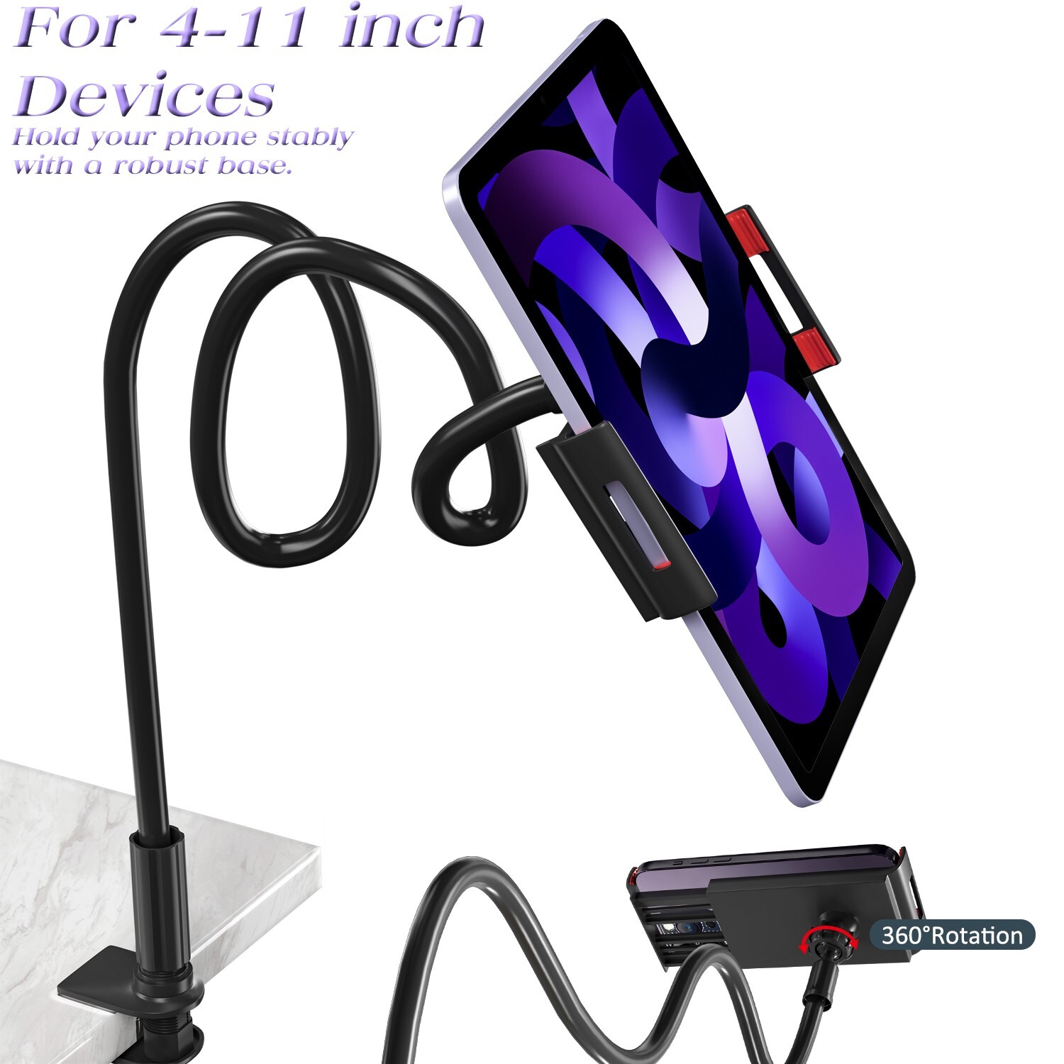 Universal Gooseneck Tablet Mount - Flexible Long Arm Clamp for Desk & Bed Use US