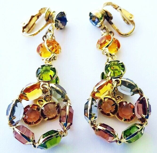 Long Vintage Clip Earrings With Multi Color Pronged Bezel Set Crystals