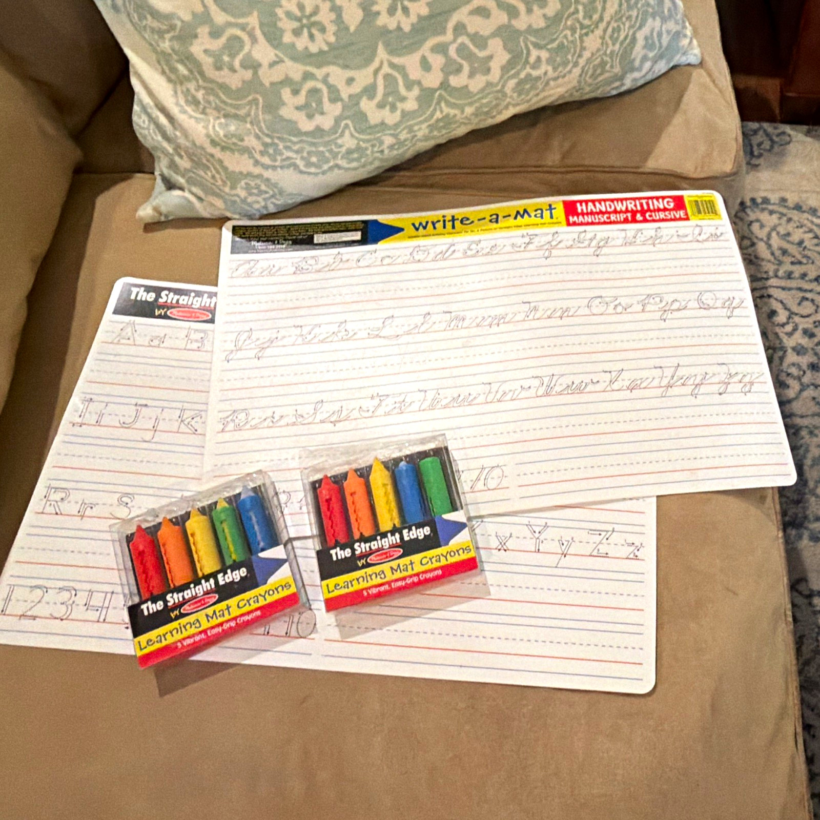 Melissa & Doug Write-a-Mat Handwriting Manuscript & Cursive Mat Set + Crayons