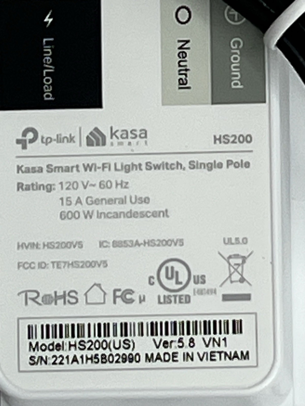 Kasa Smart Light Switch HS200 Single Pole 2.4GHz Wi-Fi App Control Missing Screw