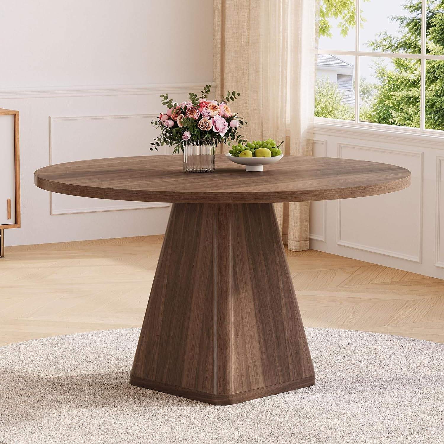 47 Inch round Dining Table for 4-6, Pedestal Kitchen Dinner Table Walnut | Circl