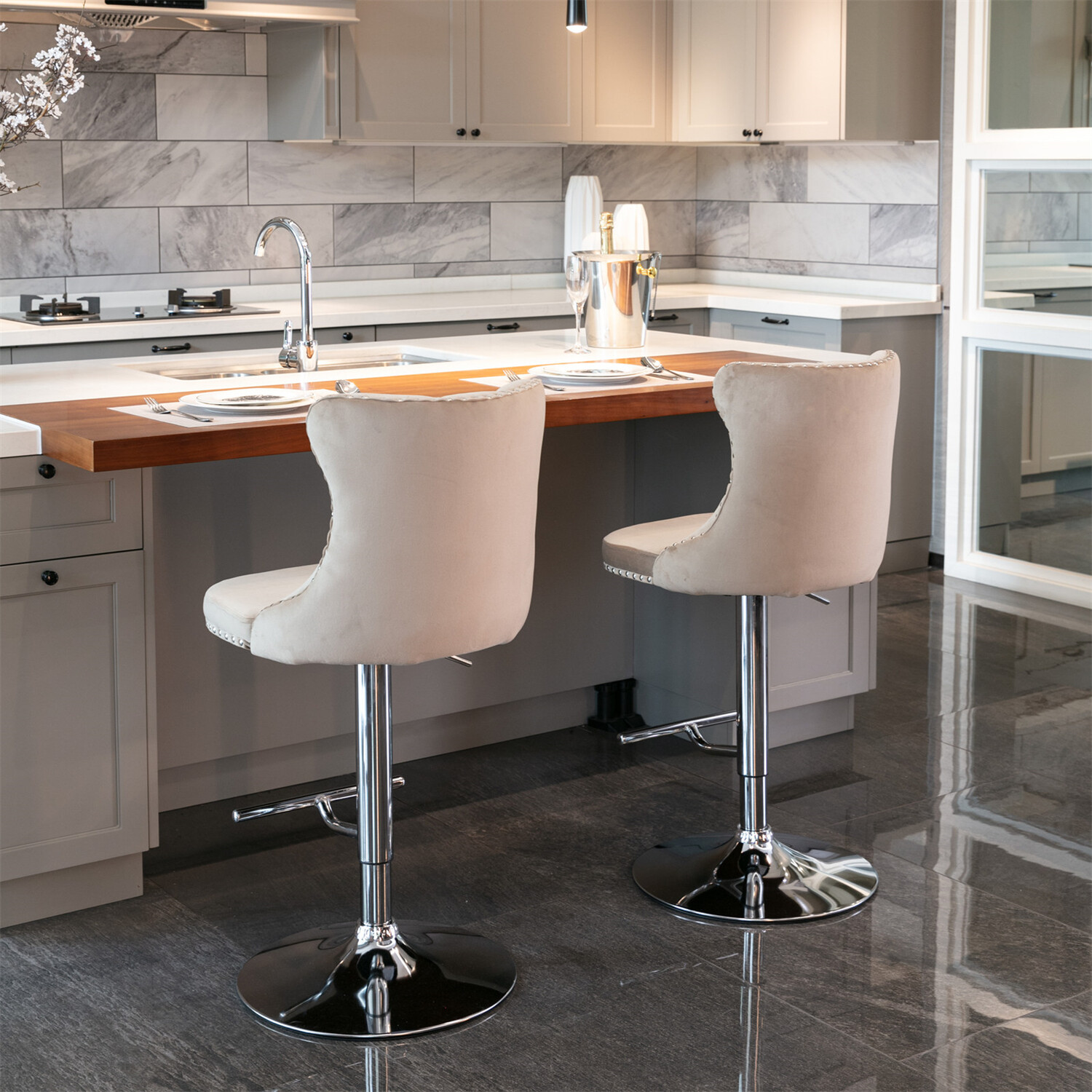 2PCS Velvet Bar Stools Counter Height Adjustable Kitchen Dining Chairs US