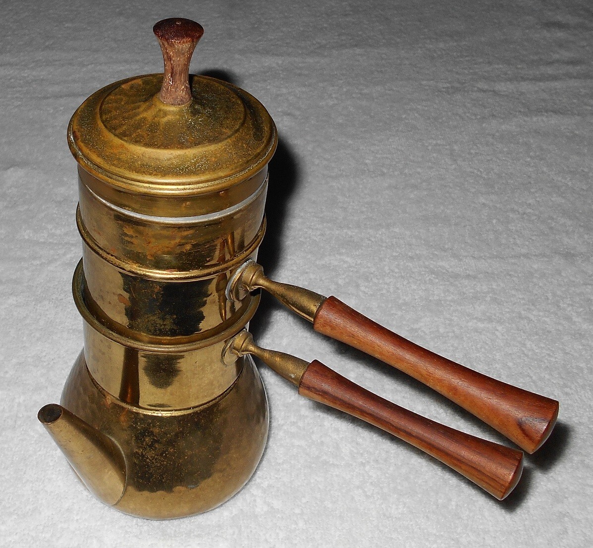 Vintage Neapolitan Flip Coffee Maker Pot - Italy - Hammered Brass Wooden Handles
