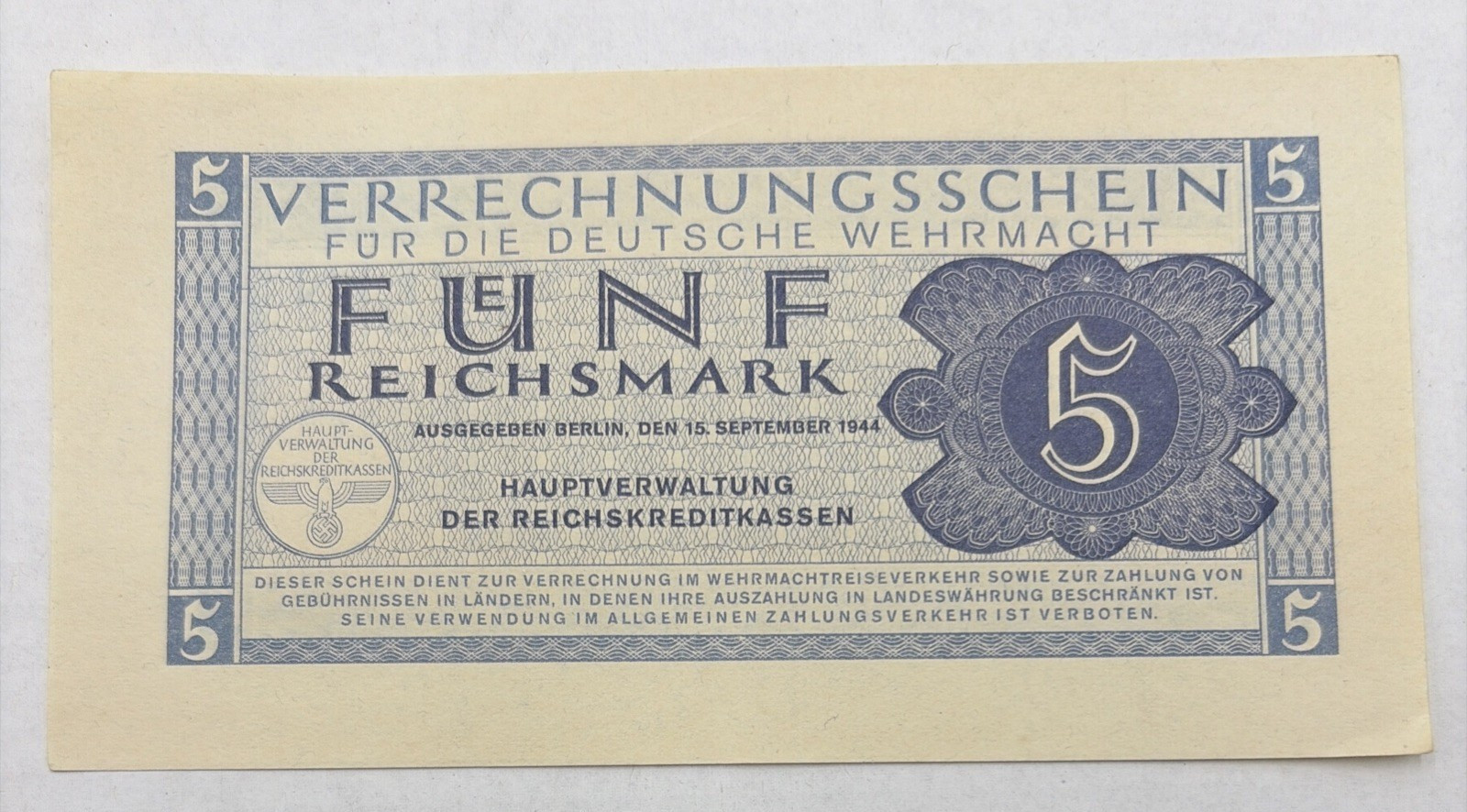 Germany WWII Era Third Reich Nazi 5 Reichsmark 1944 Wehrmacht Note