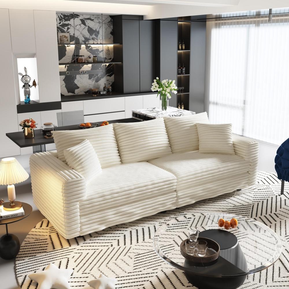 Modern Plush Corduroy 3-Seat Sofa w/ Ottoman,Convertible Lounge Chair-Beige