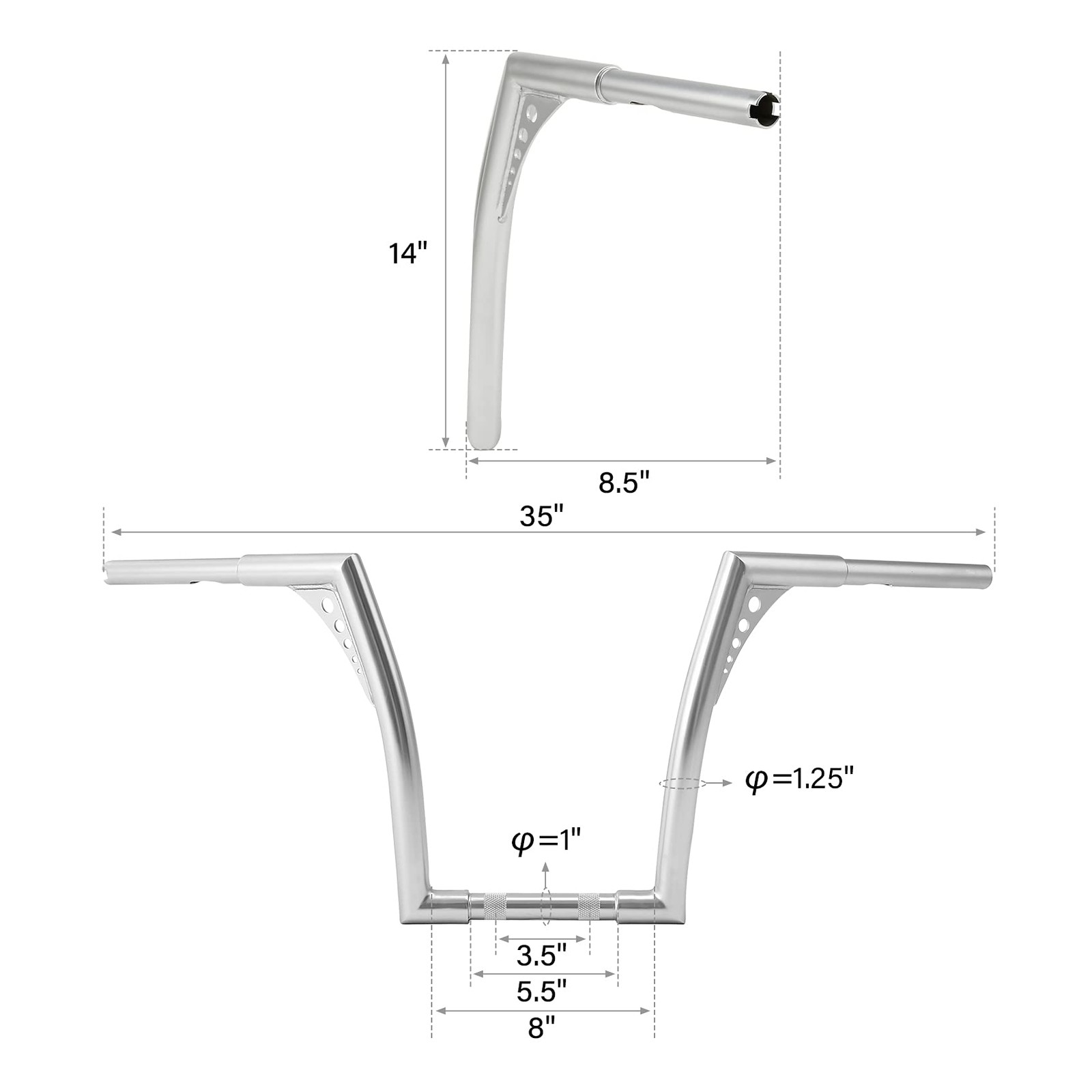 Chrome 14" Rise Batwing APE Handlebar 1-1/4" Hangers