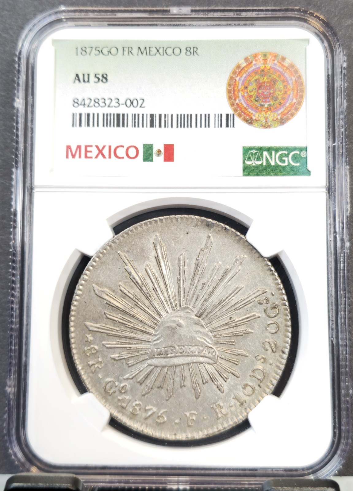 1875 Go FR MEXICO SILVER 8 REALES 8R NGC AU 58 RARE HIGH GRADE GUANAJUATO MINT