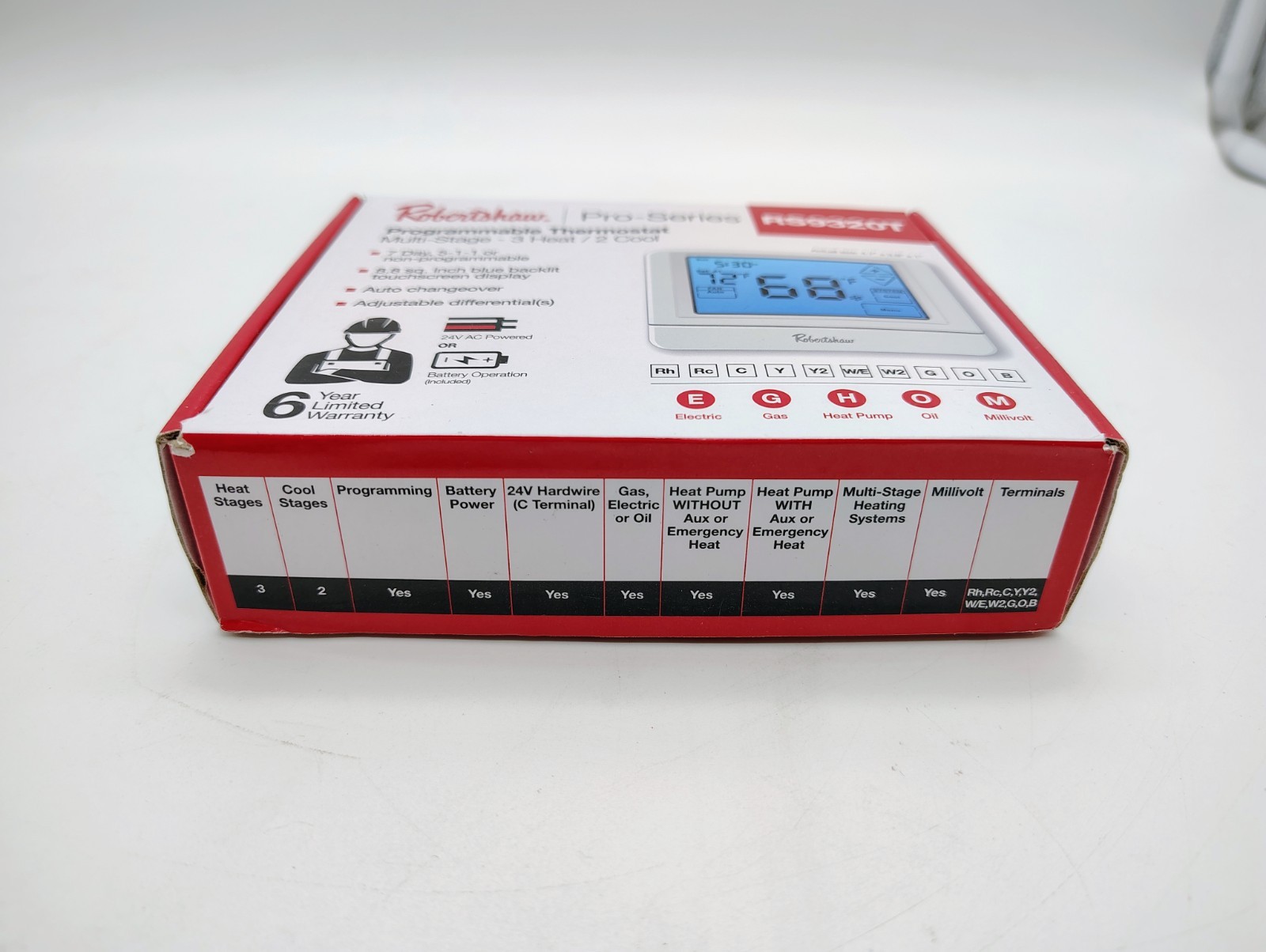 Robertshaw Programmable Multi-Stage 3H/2C Touchscreen Wall Thermostat RS9320T