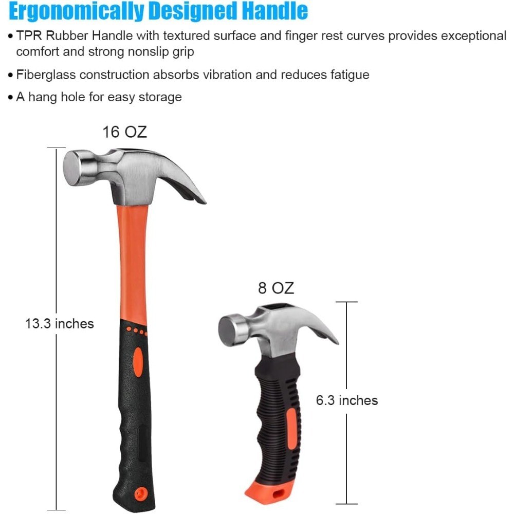 2 Piece Hammer Set,includes 1 Pack 8 OZ Mini Stubby Claw Hammer and 1 Pack 16 OZ